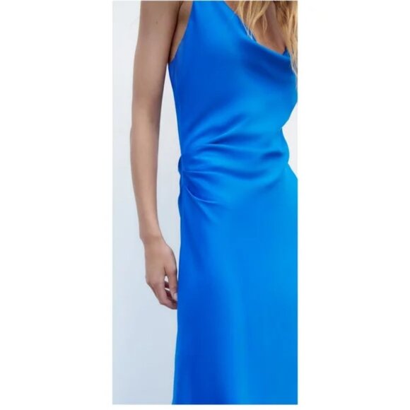 Zara Satin Effect Cowl Neck Midi Dress  Blue NWT Size Large - Picture 4 of 15
